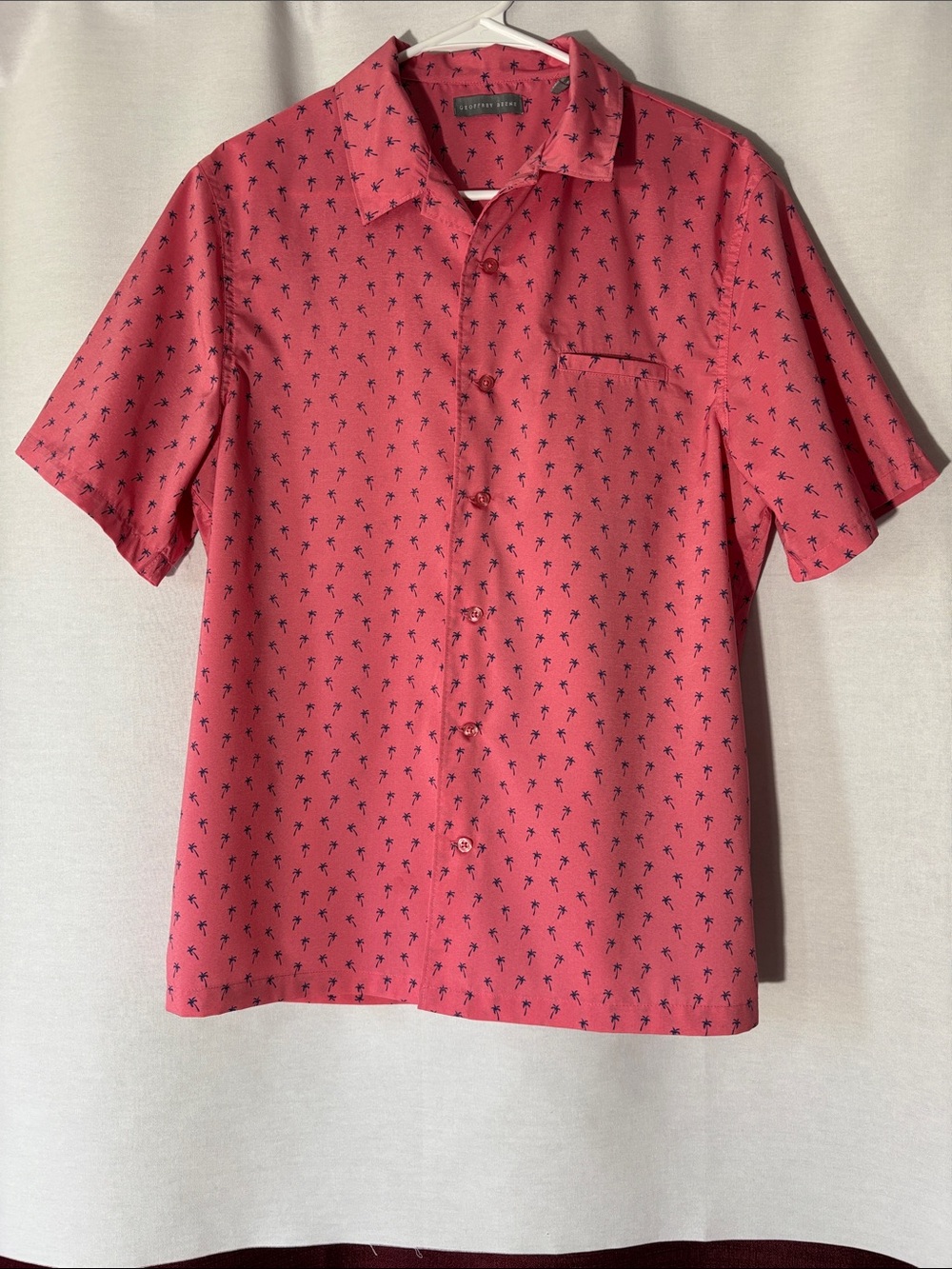 Geoffrey Beene Coral Short-Sleeve Button-Down with Navy Palm Motif